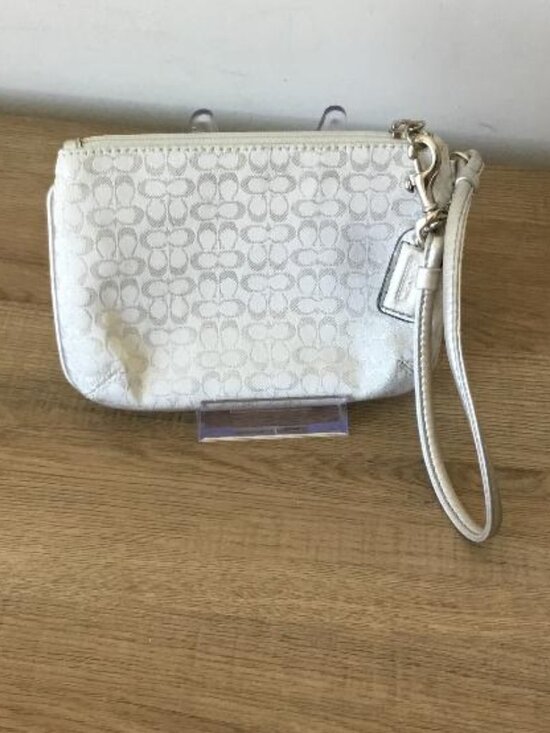 Coach Handbags - Coach Metallic Silver Signature Jacquard Wristlet Y2K Zip Pouch Mini Bag